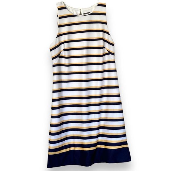 Vince Camuto Sleeveless Shift Dress Navy Stripe Gold Sz 8 - Picture 1 of 10